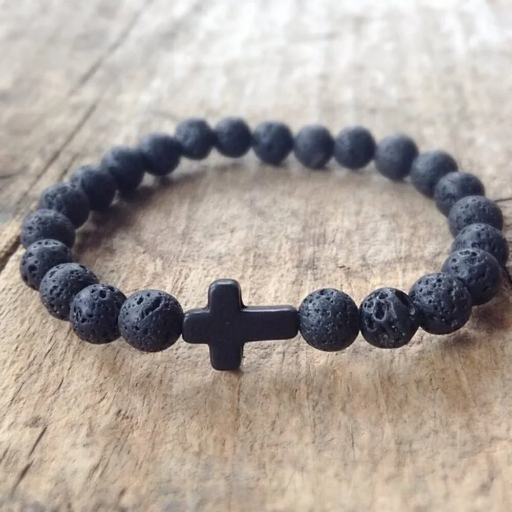 Black Cross Lava Stone Bead Bracelet 8mm beads - Size 8 inches